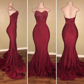 Burgundy Sweetheart Mermaid Open Back Appliques Prom Dress